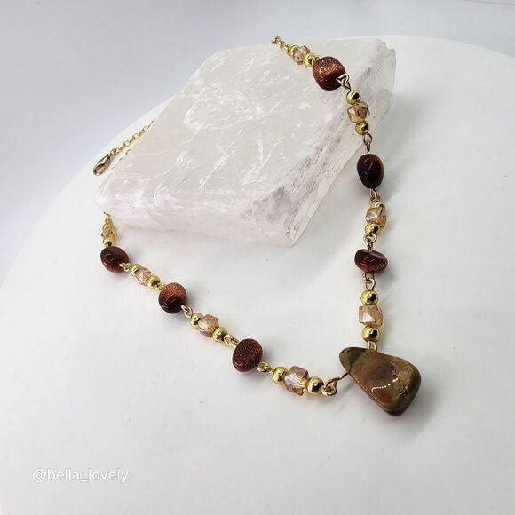 Sparkling Handmade Orange Green Ocean Jasper and Goldstone Necklace - Picture 5 of 10